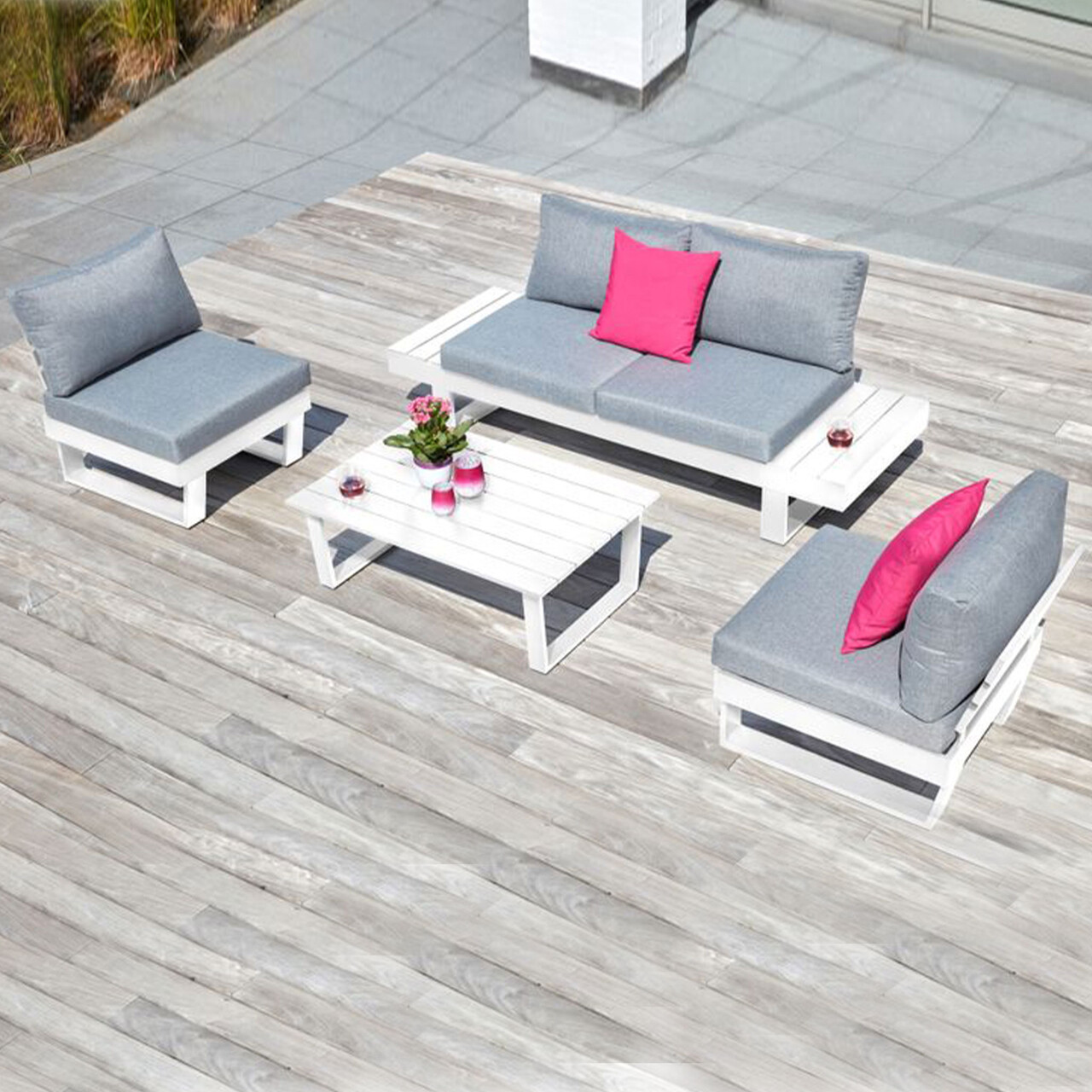 Set mobilier pentru exterior, 4 piese Alora, 235x235x65 cm, aluminiu/poliester, alb/gri - imagine 6